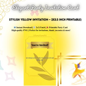 Tarjeta de invitación amarilla imprimible de 5 x 8,9 cm. Etiqueta elegante para evento. Descarga instantánea.