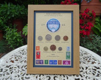 Personalised 65th Birthday, 1961, DVLA Tax disc, 7 Coin & Stamps framed set