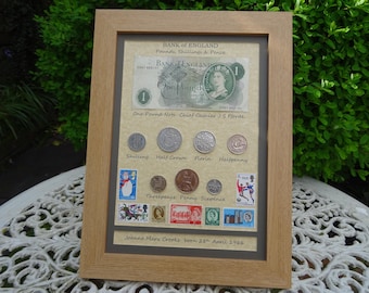 Personalised 60th Birthday gift, 1966, 1 Pound Note, 7 Coin & Stamps Framed Set
