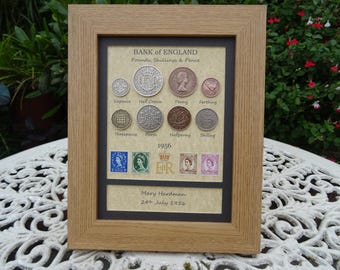 Personalised 70th Birthday, 1956, 8 Coin & Stamps, Framed set
