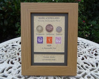 Conjunto personalizado de 3 monedas y sellos conmemorativos del 70.º aniversario de 1956, enmarcado.