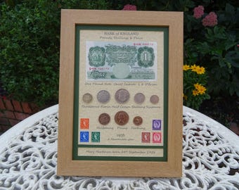 Moneda, sello y billete de libra esterlina Britannia personalizados para el 70 cumpleaños (1956), enmarcados.