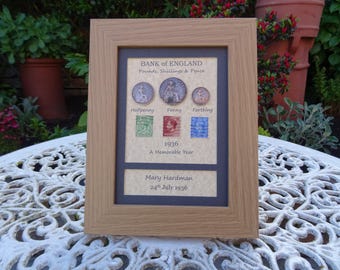 Personalised, 90th Birthday gift, 1936, 3 coin and Stamps, Framed set