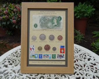 Personalised 60th Birthday gift, 1966, 1 Pound Note, 7 Coin & Stamps Framed Set