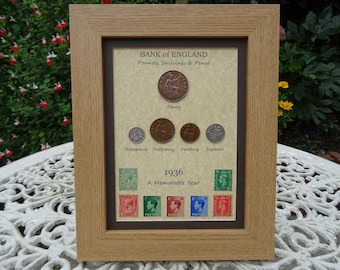 90th Birthday, 1936, Five coin & Stamps Framed Set
