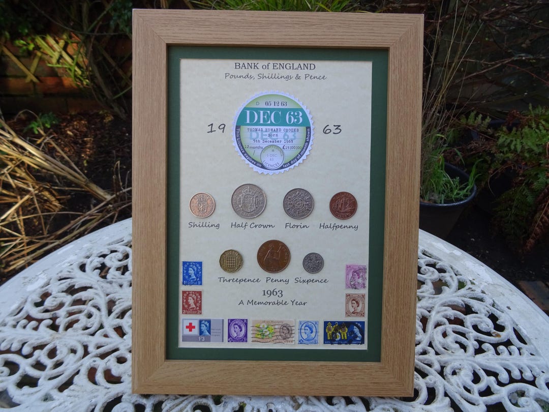 Personalised 63rd Birthday, 1963, DVLA Tax Disc, 7 Coin & Stamps Framed ...