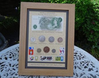 Personalised 60th Birthday gift, 1966, 1 Pound Note, 7 Coin & Stamps Framed Set