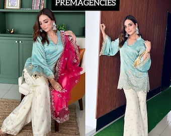 Pakistani Salwar Kameez Readymade Bollywood Suit Indian Ethnic Palazzo Kurta Dupatta 3 Piece Partywear Diwali Outfit Pink Dupatta Suit New