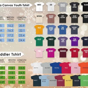 May include: A product image showcasing Bella Canvas youth and toddler t-shirts in various colors. The image includes a size chart with measurements in inches for both youth and toddler sizes. Colors include white, black, red, and more.