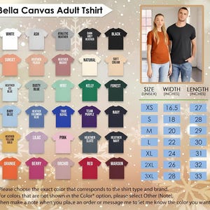 May include: A product image showcasing a variety of Bella Canvas adult t-shirts in various colors, including white, black, and heather gray. The image also includes a size chart with measurements in inches, ranging from XS to 3XL, and a couple wearing the shirts.