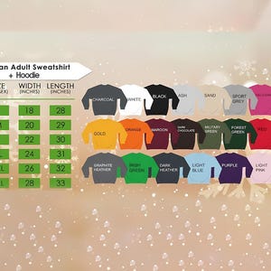May include: A product image showcasing a Gildan adult sweatshirt and hoodie. The image displays a color chart with various options, including charcoal, white, black, and more. Size chart includes width and length in inches.