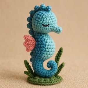 Könnte beinhalten: Ein handgehäkeltes Seepferdchen in Blautönen, mit einer rosa Flosse und einer grünen Basis mit Seegras. Das Seepferdchen hat ein lächelndes Gesicht und ist ein bezaubernder Dekorationsartikel.