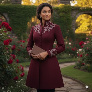 Op de afbeelding: Een bordeauxrode jas met ingewikkelde zilveren borduursels rond de kraag en manchetten. De jas heeft een hoge kraag, een knoopsluiting en een uitlopende rok. Een bruin boek wordt vastgehouden. De achtergrond toont een rozentuin.