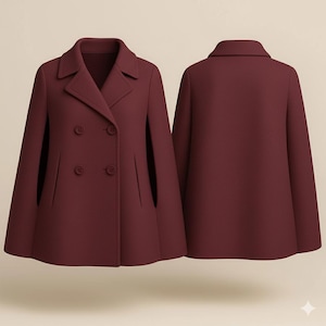 May include: A burgundy double-breasted cape coat with a notched collar and two rows of buttons. The coat has a classic design with a front and back view, showcasing its tailored silhouette and cape sleeves. The fabric appears to be a soft, wool-like material.