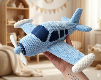 Szydełkowana pluszowa zabawka w kształcie samolotu, ręcznie robiona dekoracja pokoju dziecięcego, prezent na baby shower