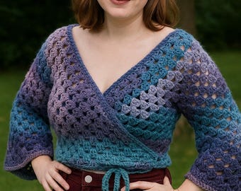 Granny Bells Wrap Top Crochet Pattern – PDF Sewing Tutorial – Beginner Friendly DIY Yarn Project – Instant Digital Download