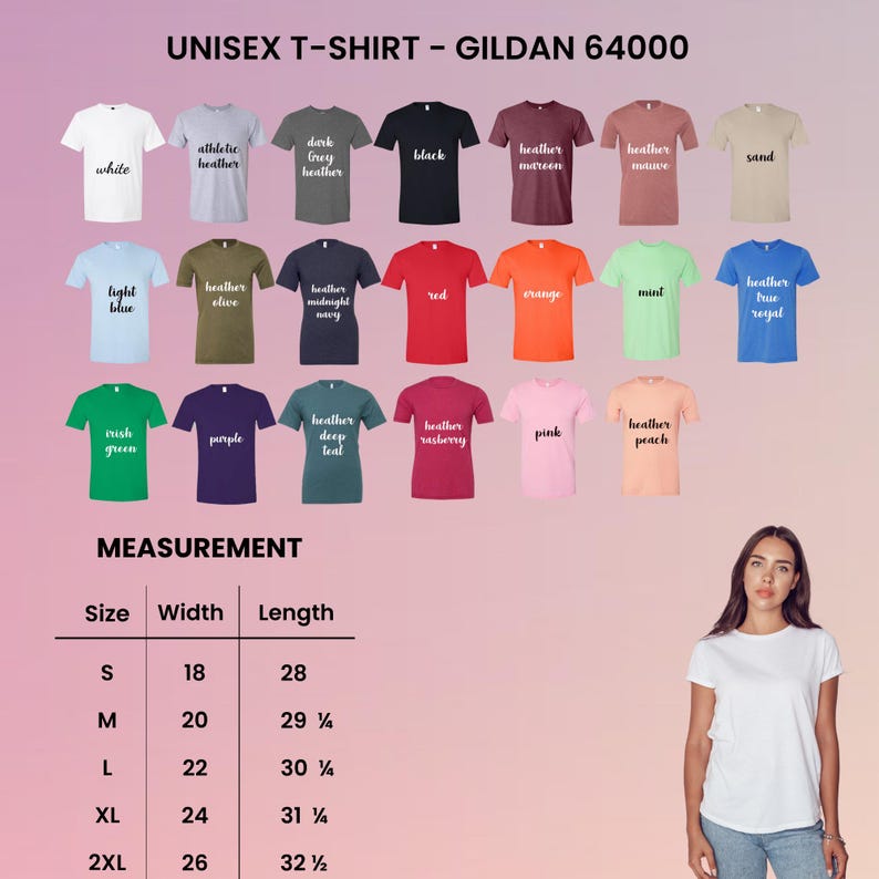 K&ouml;nnte beinhalten: Eine Auswahl an Gildan 64000 Unisex-T-Shirts in verschiedenen Farben, darunter Wei&szlig;, Schwarz und Rot. Das Bild enth&auml;lt eine Gr&ouml;&szlig;entabelle mit Ma&szlig;en in Zentimetern, von Gr&ouml;&szlig;e S bis 2XL.