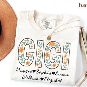 Comfort Colors® Personalized Gigi Shirt with Grandkids Names, Floral Gigi T-Shirt, Gigi Gifts, Mother&#39;s Day Shirt, Custom Grandma Shirt
