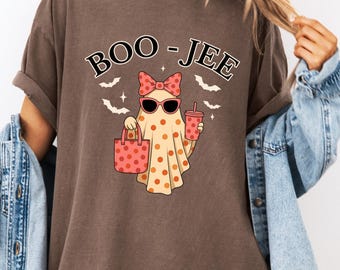 Comfort Colors® ブージーゴーストシャツ、ヒョウ柄ゴーストTシャツ、ゴーストコーヒーシャツ、面白い秋シャツ、ゴーストTシャツ、ガーリーハロウィンギフト、ブージーシャツ