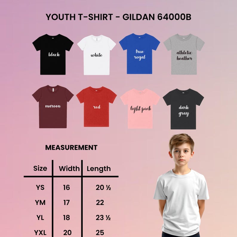 K&ouml;nnte beinhalten: Eine Auswahl an Jugend-T-Shirts in verschiedenen Farben, darunter Schwarz, Wei&szlig; und Rot. Das Bild zeigt das Modell Gildan 64000B mit Gr&ouml;&szlig;en- und Ma&szlig;angaben. Die T-Shirts werden mit dem Text der Farbe auf jedem Shirt angezeigt. Ma&szlig;e in cm.