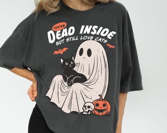 Comfort Colors® Dead Inside But Still Love Cats Shirt, Black Cat Halloween Shirt, Funny Cat Lady Shirt, Cat Lover Shirt, Spooky Season Shirt