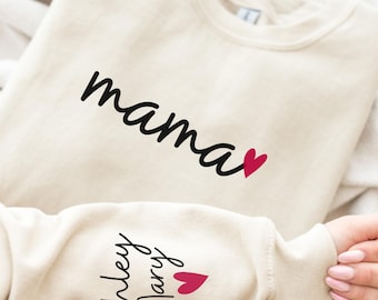 Custom Mama Sweatshirt with Kids Name on Sleeve, Personalized Mom Sweatshirt, Minimalist Momma Sweater, Mothers Day Gift for Mom