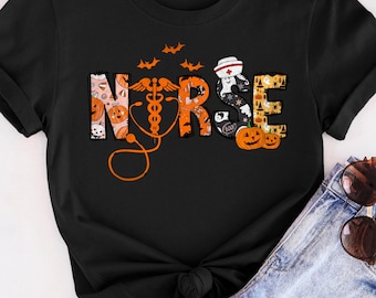 Camiseta de enfermeira de Halloween, camiseta de enfermagem de Halloween, camiseta de outono de enfermeira, enfermeira de Halloween, camiseta de enfermagem, camiseta de Halloween, camiseta de Halloween