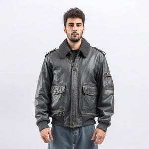 Men&#39;s Distressed Grey Leather Aviator Bomber Jacket with Shearling Collar | Vintage Flight Jacket | Military Pilot Style Outerwear