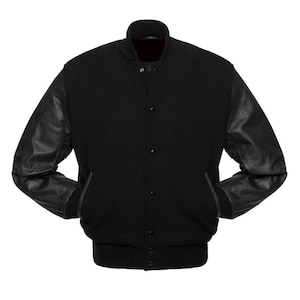 Black Varsity Jacket with Black Leather Sleeves – Unisex Wool Letterman Bomber – Retro College Style Coat