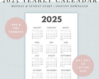 2025 Calendar | Single Page | Full Year Calendar | Desk