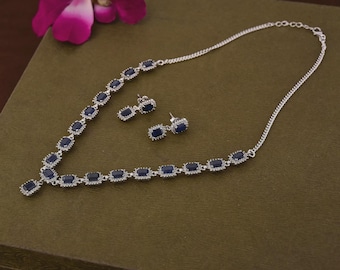 Emerald Cut Blue Sapphire Sterling Silver Necklace & Earrings Set