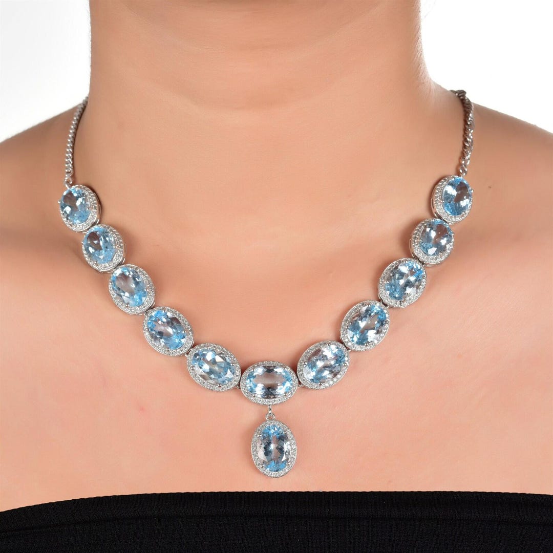 Blue Topaz Sterling Silver Necklace & Earrings Set: Oval Sky Blue ...