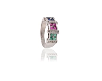 Anillo de plata 925 con rubí, esmeralda, zafiro y diamante: anillo llamativo con múltiples piedras para mujer