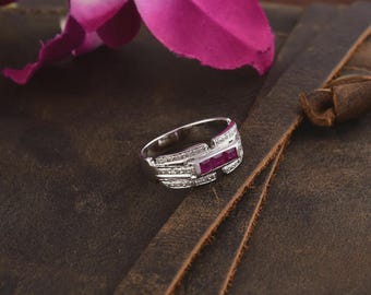 Ceylon Rubin Diamant Ring: 925 Sterling Silber Statement Band