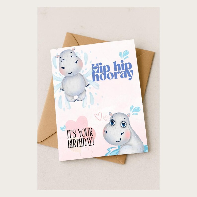Cute Hippo Birthday Card - Digital Download | PNG & PDF | 1240x1748 px | Printable Birthday Card