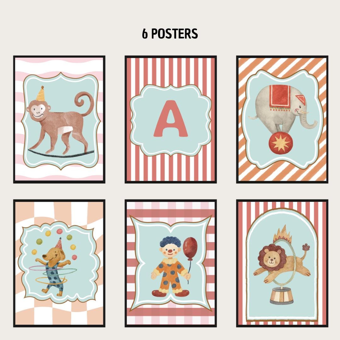 Vintage Circus Nursery Prints Set of 6 – Whimsical Circus Wall Art ...