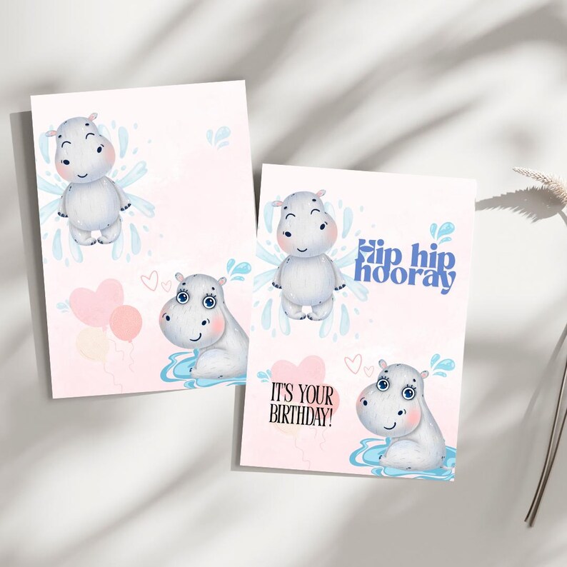 Cute Hippo Birthday Card - Digital Download | PNG & PDF | 1240x1748 px | Printable Birthday Card