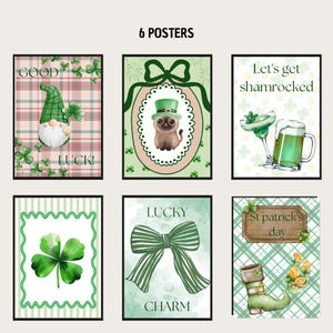 Op de afbeelding: Zes ingelijste posters met St. Patrick's Day-thema's. De posters tonen een kabouter, een kat met een hoed, cocktails, een klavertje vier, een strik en een leprechaun-laars. Het kleurenpalet omvat groen, wit en roze.