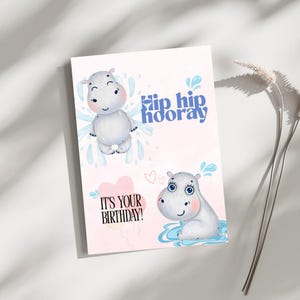 Cute Hippo Birthday Card - Digital Download | PNG & PDF | 1240x1748 px | Printable Birthday Card