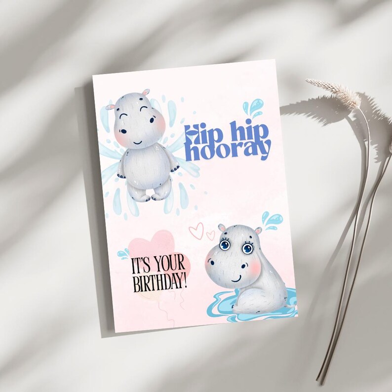 Cute Hippo Birthday Card - Digital Download | PNG & PDF | 1240x1748 px | Printable Birthday Card