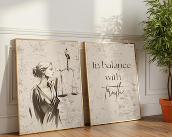 Law Poster: Minimalist Lady Justice wall art Set – Lawyer legal drawing Office Decor – Printable Gift for Law Students and avocat.