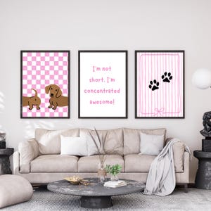 Op de afbeelding: Drie ingelijste prints met zwarte randen. Eén toont een bruine teckel op een roze en witte geruite achtergrond. Een andere heeft de tekst "I'm not short. I'm concentrated awesome!" De derde heeft pootafdrukken.
