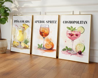 Cocktail Prints Set of 3, Watercolor Bar Wall Art, Pina Colada Aperol Spritz Cosmopolitan, Kitchen Decor Printable