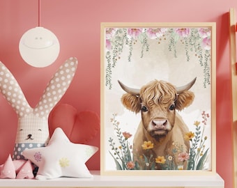 Highland Cow Nursery Print – Baby Girl Floral Wall Art – Wildflower Farmhouse Nursery Decor – Watercolor Digital Download