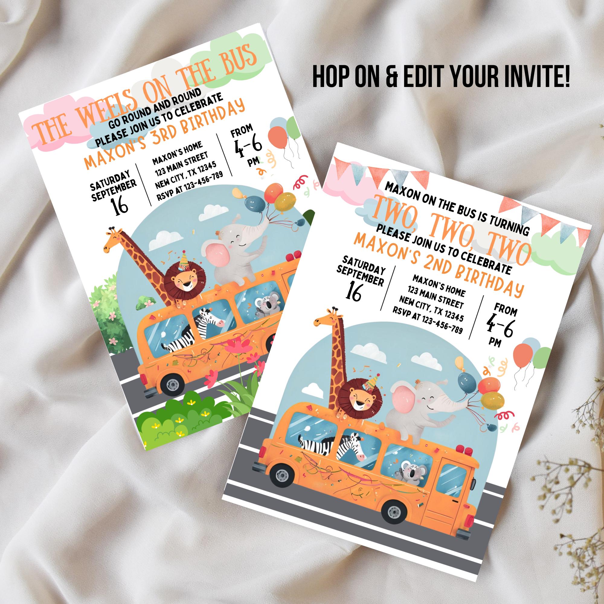 Editable School Bus Template: Wheels on the Bus- Kids Birthday ...