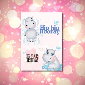 Cute Hippo Birthday Card - Digital Download | PNG & PDF | 1240x1748 px | Printable Birthday Card