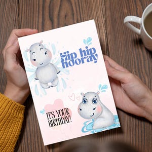 Cute Hippo Birthday Card - Digital Download | PNG & PDF | 1240x1748 px | Printable Birthday Card