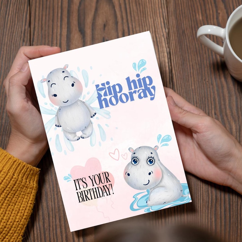 Cute Hippo Birthday Card - Digital Download | PNG & PDF | 1240x1748 px | Printable Birthday Card