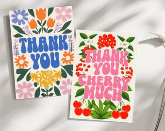 Thank You Floral Postcard Set Digital Download 3 Printable Design (Retro, Watercolor, Cherry, Flower)– Folded Card & Postcard Template Canva