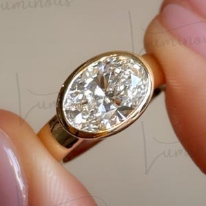 3 CT East West Oval Cut Moissanite Bezel Set Engagement Ring 14K Solid Yellow Gold Solitaire Wedding Ring Big Diamond Gift Ring For Women